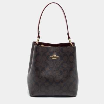 Pre Owned Coach Brown/Red Signature Coated Canvas and Leather Small Town Bucket Bag