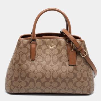 Pre Owned Coach Beige/Brown Signature Coated Canvas and Leather Margot Carryall Satchel