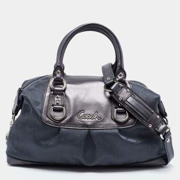 Pre Owned Coach Metallic Charcoal Grey Signature Canvas and Leather Ashley Satchel