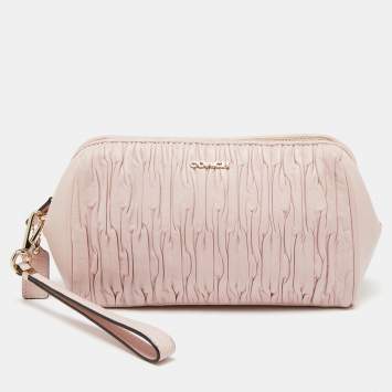 Pre Owned Coach Pink Gathered Leather Wristlet Clutch