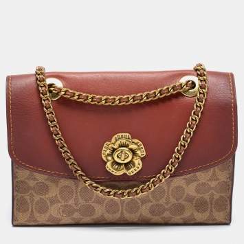 Pre Owned Coach Tan Leather And Signature Coated Canvas Parker Shoulder Bag