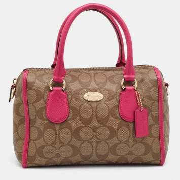 Pre Owned Coach Beige/Pink Signature Printed Canvas and Leather Mini Bennett Satchel