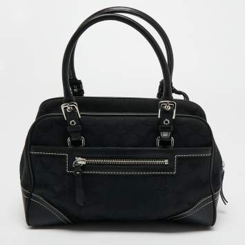 Pre Owned Coach Black Signature Canvas and Leather Boston Bag
