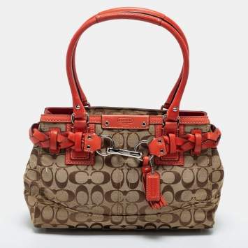 Pre Owned Coach Beige/Orange Signature Canvas and Leather Hampton Tote