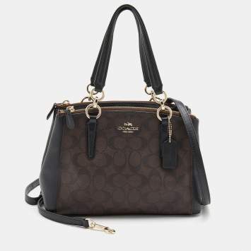 Coach Black/Brown Signature Coated Canvas and Leather Mini Christie Carryall Satchel