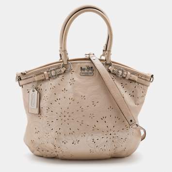 Pre Owned Coach Metallic Beige Leather Floral Laser Cut Lindsey Satchel