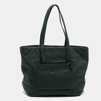 Pre Owned Coach Dark Green Pebbled Leather Front Pocket Tote