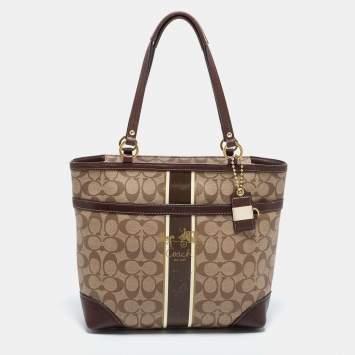 Coach Beige/Brown Signature Coated Canvas and Leather Heritage Stripe Tote