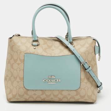 Pre Owned Coach Beige/Blue Coated Canvas and Leather Emma Satchel