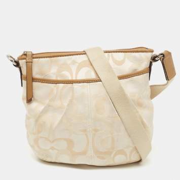 Pre Owned Coach Beige/White Signature Canvas and Leather Shoulder Bag