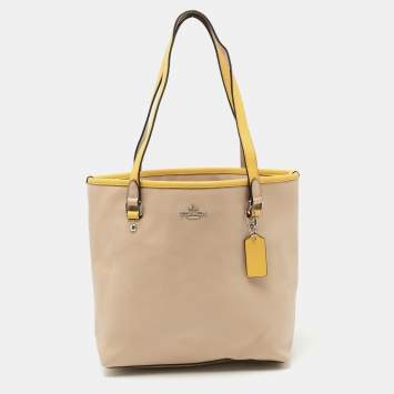 Pre Owned Coach Beige/Mustard Leather Top Zip Tote
