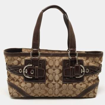 Pre Owned Coach Beige/Brown Signature Canvas and Leather Tote