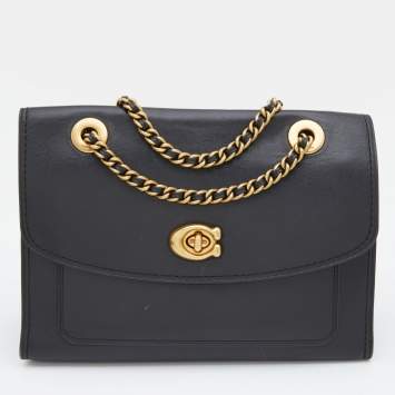 Coach Black Leather Small Parker Chain Flap Shoulder Bag