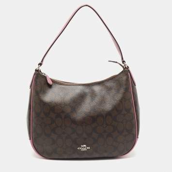 Pre Owned Coach Pink/Brown Signature Coated Canvas and Leather Zip Hobo