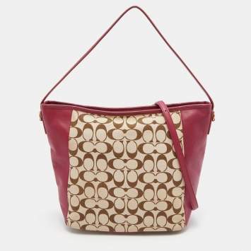 Coach Beige/Maroon Leather and Signature Canvas Shoulder Bag