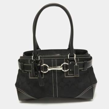Pre Owned Coach Black Signature Canvas and Leather Hampton Tote