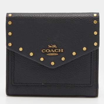 Coach Black Studded Leather Colorblock Trifold Wallet 