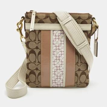 Pre Owned Coach Beige/White Signature Canvas Striped Crossbody Bag