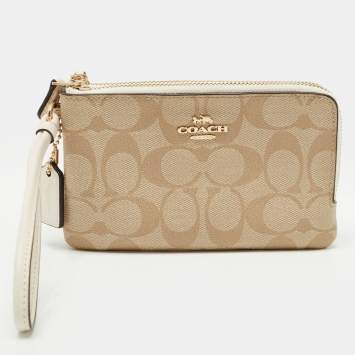 Pre Owned Coach Beige Signature Coated Canvas and Leather Double Zip Wristlet Pouch