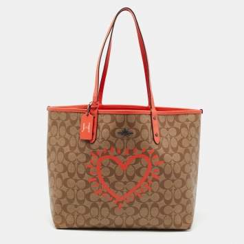 Coach x Keith Hering Beige/Orange Signature Coated Canvas and Leather Heart Graffiti City Reversible Tote 