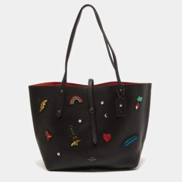 Coach Black Leather Large Souvenir Embroidery Market Tote