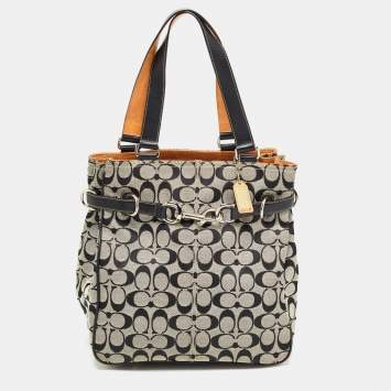 Pre Owned Coach Black Signature Canvas and Leather Buckle Tote