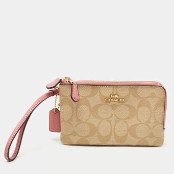 Pre Owned Coach Beige/Pink Signature Coated Canvas and Leather Double Zip Wristlet Pouch
