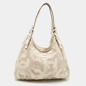 Coach White/Beige Op Art Canvas Madison Maggie Shoulder Bag