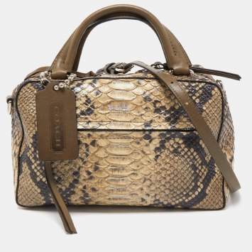 Pre Owned Coach Green Python Embossed Leather Zip Satchel