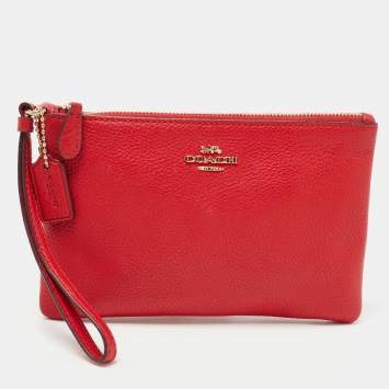 Pre Owned Coach Red Leather Zip Wristlet Clutch