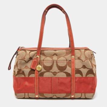 Pre Owned Coach Beige/Orange Signature Canvas and Leather Satchel