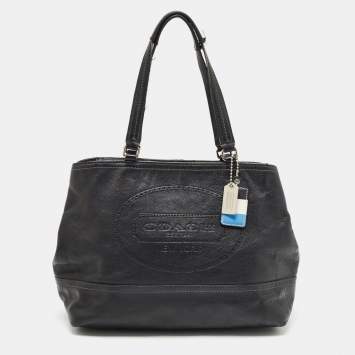 Pre Owned Coach Black Leather Hampton Perforated Weekend Tote