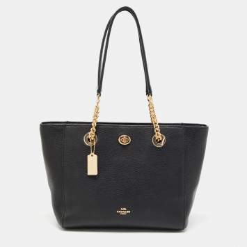 Coach Black Leather Turnlock Chain Tote