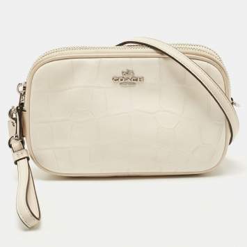 Coach White Croc Embossed Leather Double Zip Camera Crossbody Bag