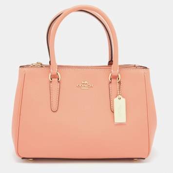 Pre Owned Coach Peach Leather Mini Surrey Carryall Tote