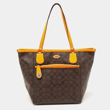 Coach Dark Brown/Neon Signature Coated Canvas and Leather Signature Zip Tote