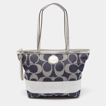 Pre Owned Coach Blue/Silver Denim and Leather Tote