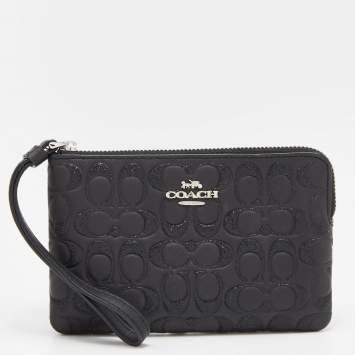 Pre Owned Coach Black Embossed Leather Wristlet Clutch