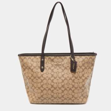 Coach Beige/Brown Signature Coated Canvas and Leather City Zip Tote
