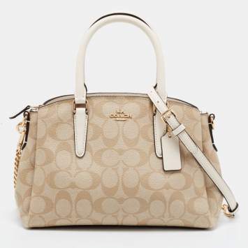 Pre Owned Coach Off White/Beige Signature Coated Canvas and Leather Mini Christie Carryall Satchel