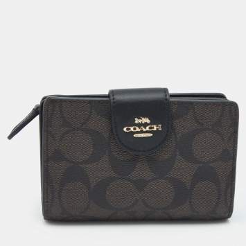 Pre Owned Coach Black/Brown Coated Canvas and  Leather Corner Zip Wallet