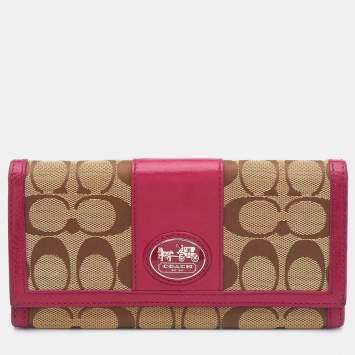 Pre Owned Coach Beige/Pink Signature Canvas and Leather Flap Continental Wallet