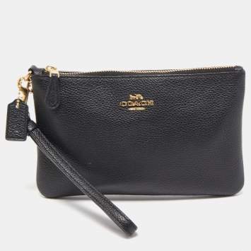 Pre Owned Coach Black Pebbled Leather Zip Wristlet Clutch