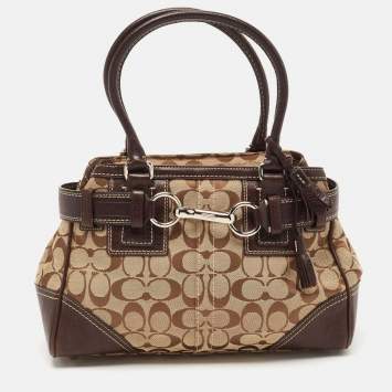 Coach Ebony/Beige Signature Canvas and Leather Tassel Satchel