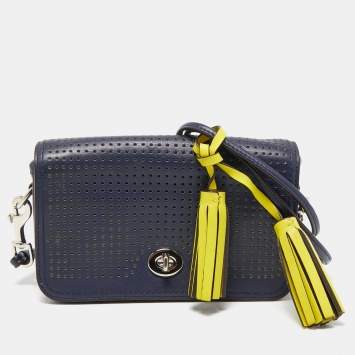 Pre Owned Coach Blue/Green Perforated Leather Legacy Penny Crossbody Bag