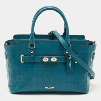 Pre Owned Coach Teal Blue Croc Embossed Leather Swagger 30 Tote