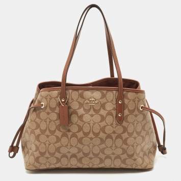 Coach Beige Signature Coated Canvas and Leather Drawstring Carryall Satchel