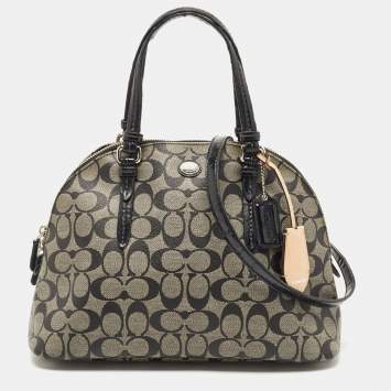 Pre Owned Coach Black/Beige Signature Coated Canvas and Leather Peyton Dome Satchel