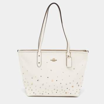 Pre Owned Coach Ivory Leather Stardust Studs City Zip Tote