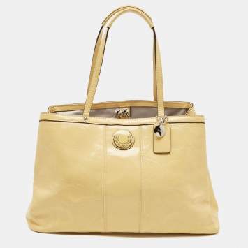 Pre Owned Coach Yellow Op Art Patent Leather Kisslock Tote